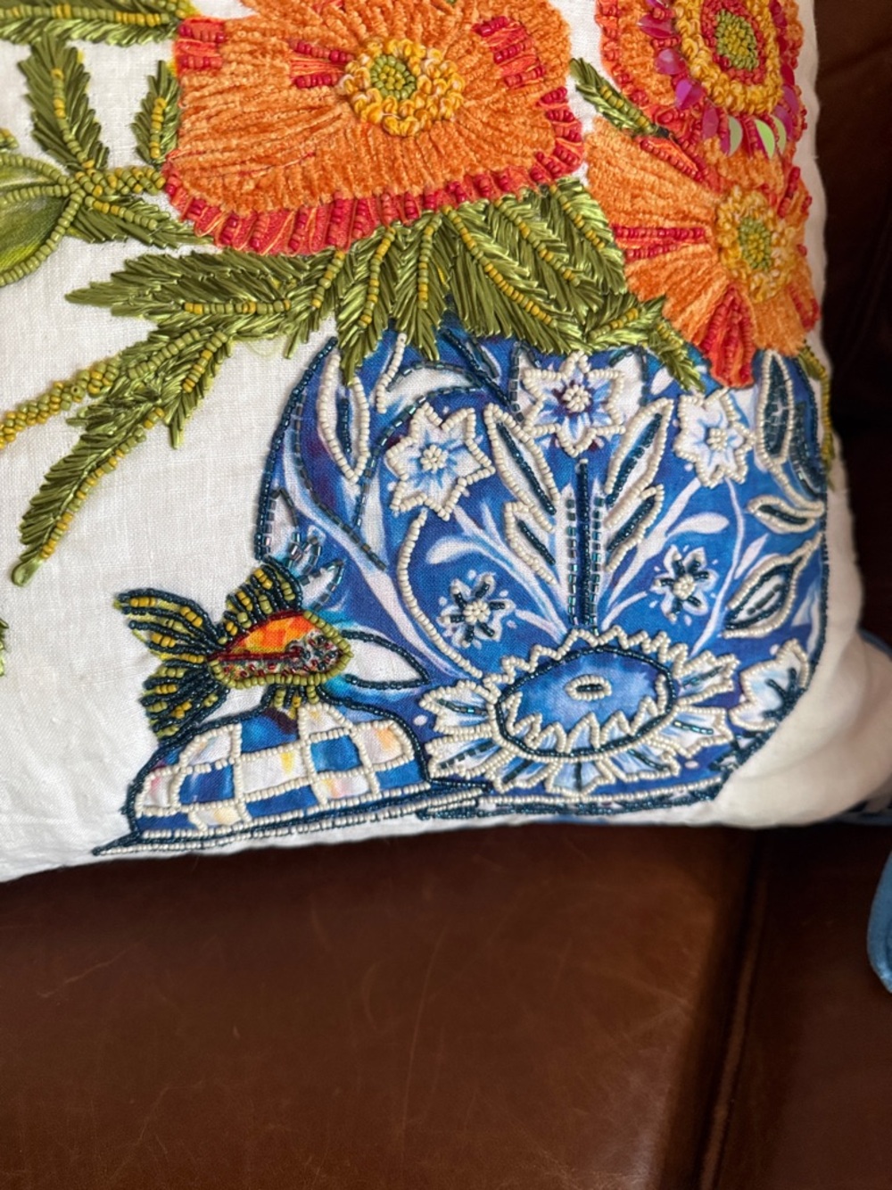 MacKenzie-Childs Blue check, Orange Floral Embroidered beaded Pillow Pair - Picture 6 of 10